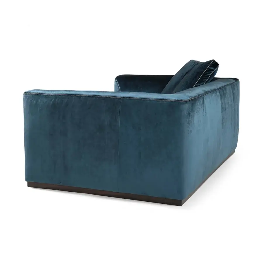 Refined Borzalino Franklin loveseat lounge upholstered in textured matte teal blue textile with a solid wood and poplar plywood frame