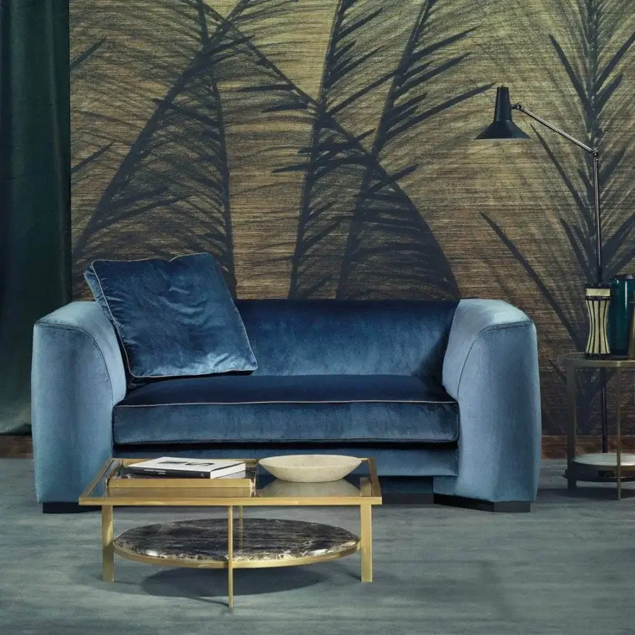 Distinguished Borzalino Franklin loveseat lounge upholstered in lavish deep blue velvet with a matte finish