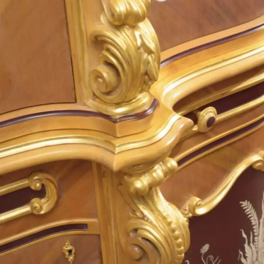 Exquisite Armando Rho A1376 cabinet handcrafted in light cherry wood with amaranth accents and gold leaf detailing