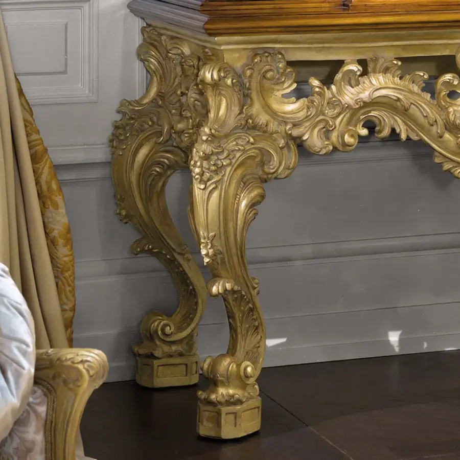 Superior Provasi 2711 bookcase crafted in precious wood with golden coating, displaying curved lines and floral motifs