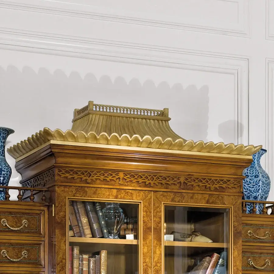Elegant Provasi 2711 bookcase crafted in warm golden brown precious wood with glossy finish displaying ornate detailing