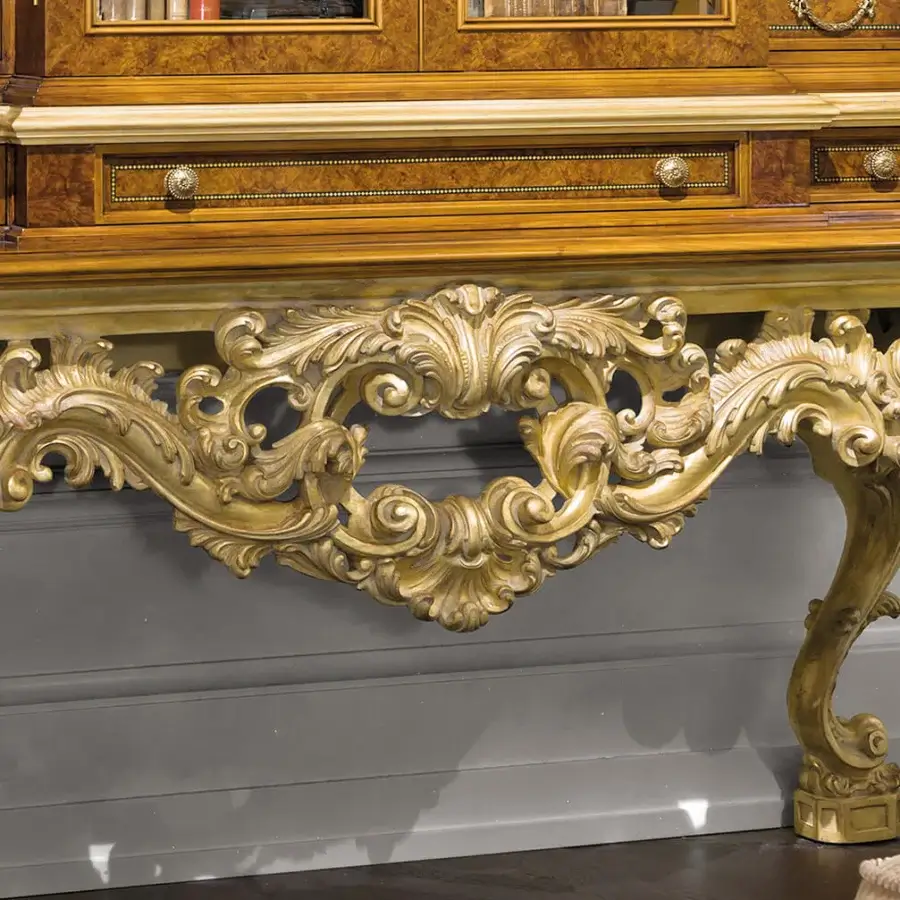 Distinguished Provasi 2711 bookcase crafted in bright gold with sculpted floral motifs and a glossy precious wood finish