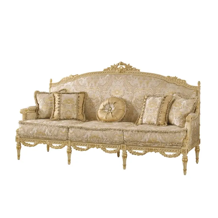 Superior Modenese Imperial Majesty sofa upholstered in cream damask with gold florals and ivory wood finish