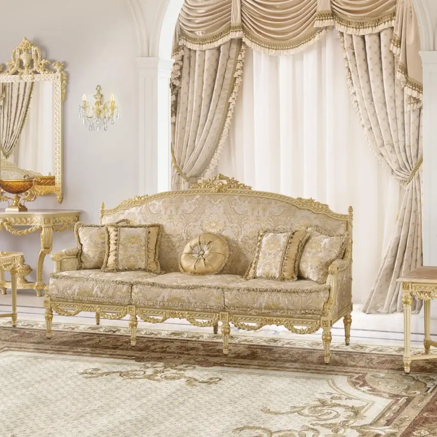 Distinguished Modenese Imperial Majesty sofa crafted in soft beige and gold damask with ivory wood and gold leaf finish