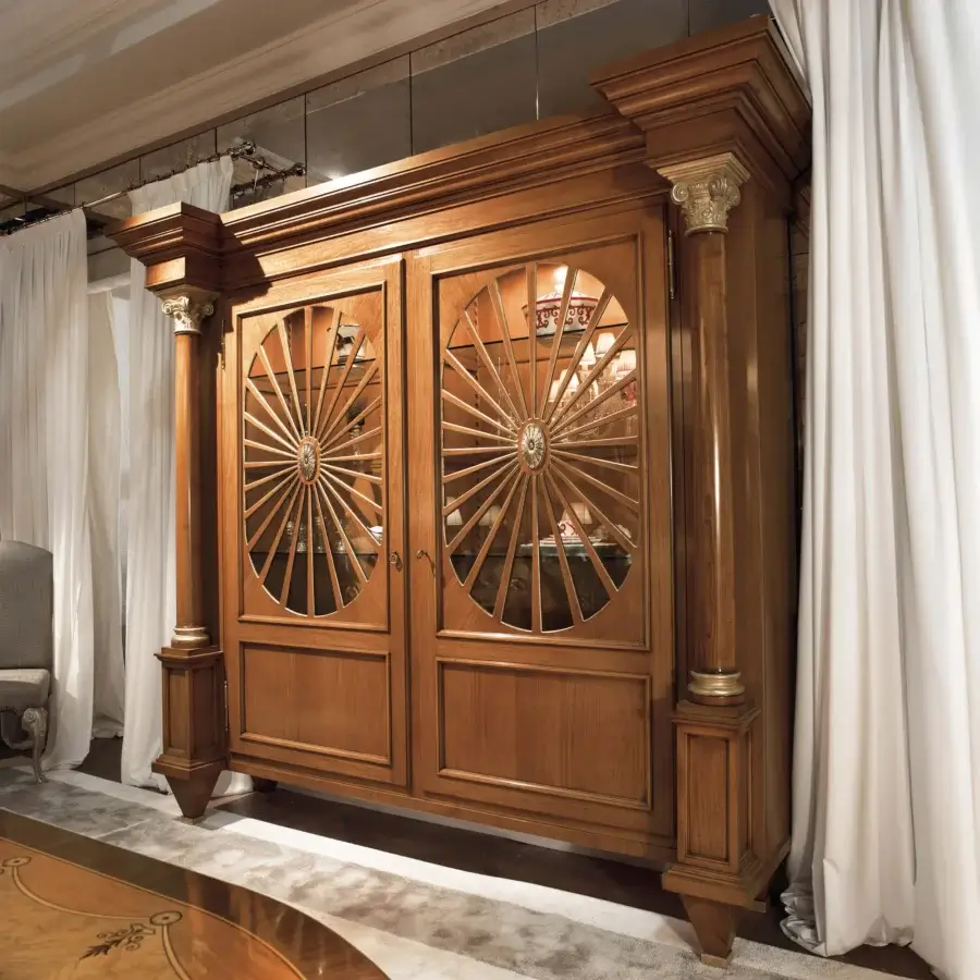 Superior Provasi 1221 bookcase built in wood with reddish-brown satin sheen and sunburst radial detailing