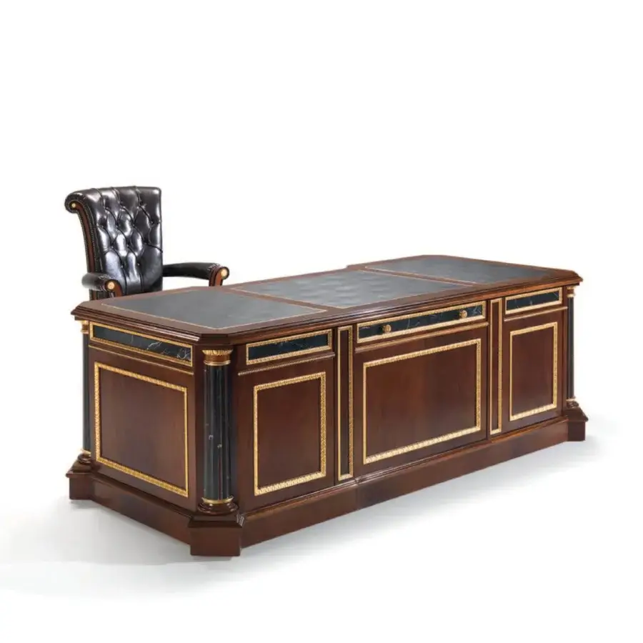 Superior Armando Rho A1388 desk crafted in figured crotch mahogany with gold leaf accents and African black marble drawer inserts