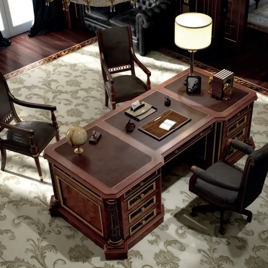 Exquisite Armando Rho A1388 desk crafted in figured crotch mahogany with gold leaf accents and a glossy reddish-brown finish