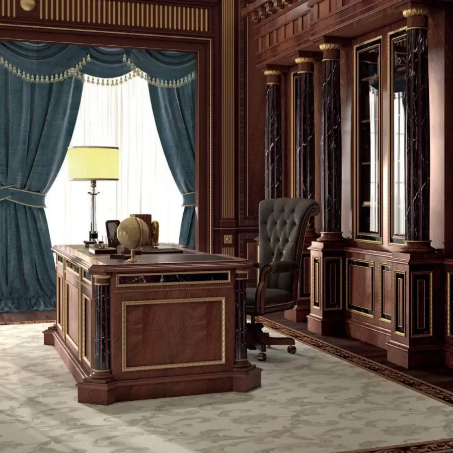 Distinguished Armando Rho A1388 desk crafted in figured crotch mahogany with African black marble inserts and glossy reddish-brown finish