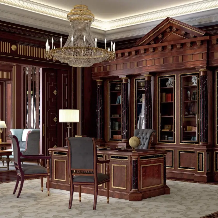 Lavish Armando Rho A1388 desk crafted in figured crotch mahogany with African black marble inserts and glossy reddish-brown finish