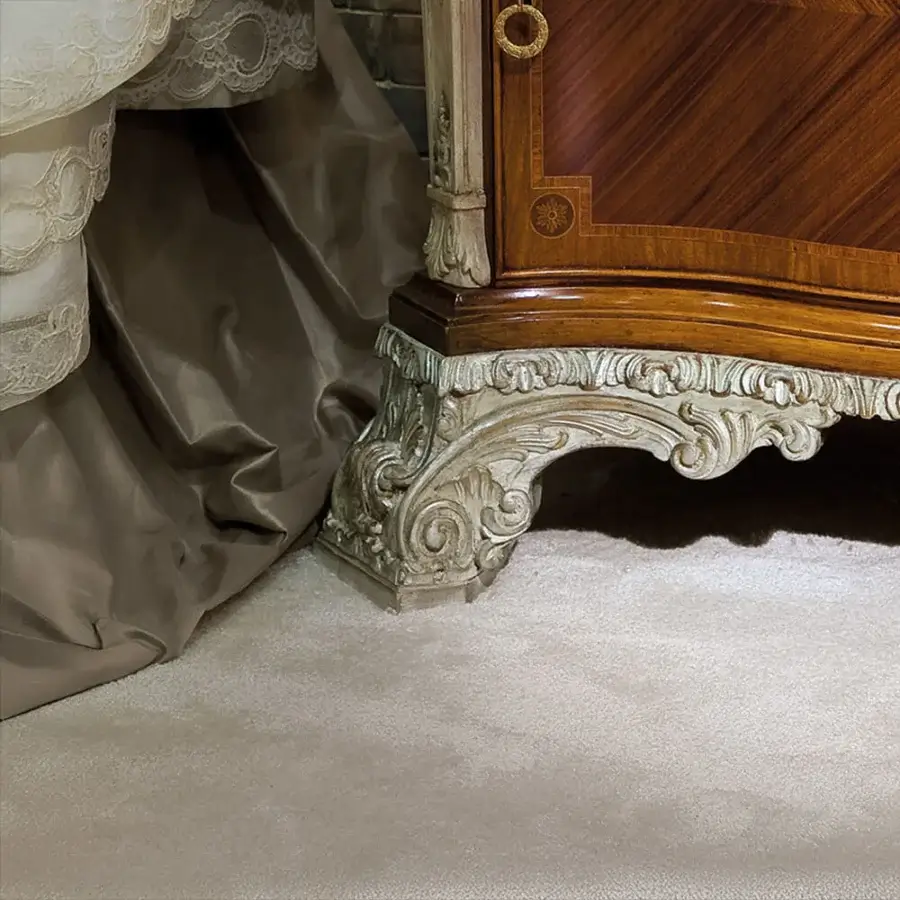 Exclusive Provasi 2925-2 nightstand in reddish-brown wood with cream gilded accents and a lustrous marble top