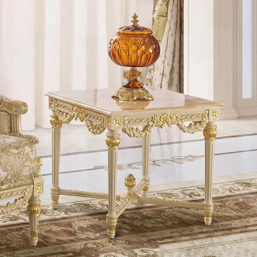 Superior Modenese Imperial Majesty side table with Honey Onyx top and intricately carved creamy-white wooden legs finished with gilded details