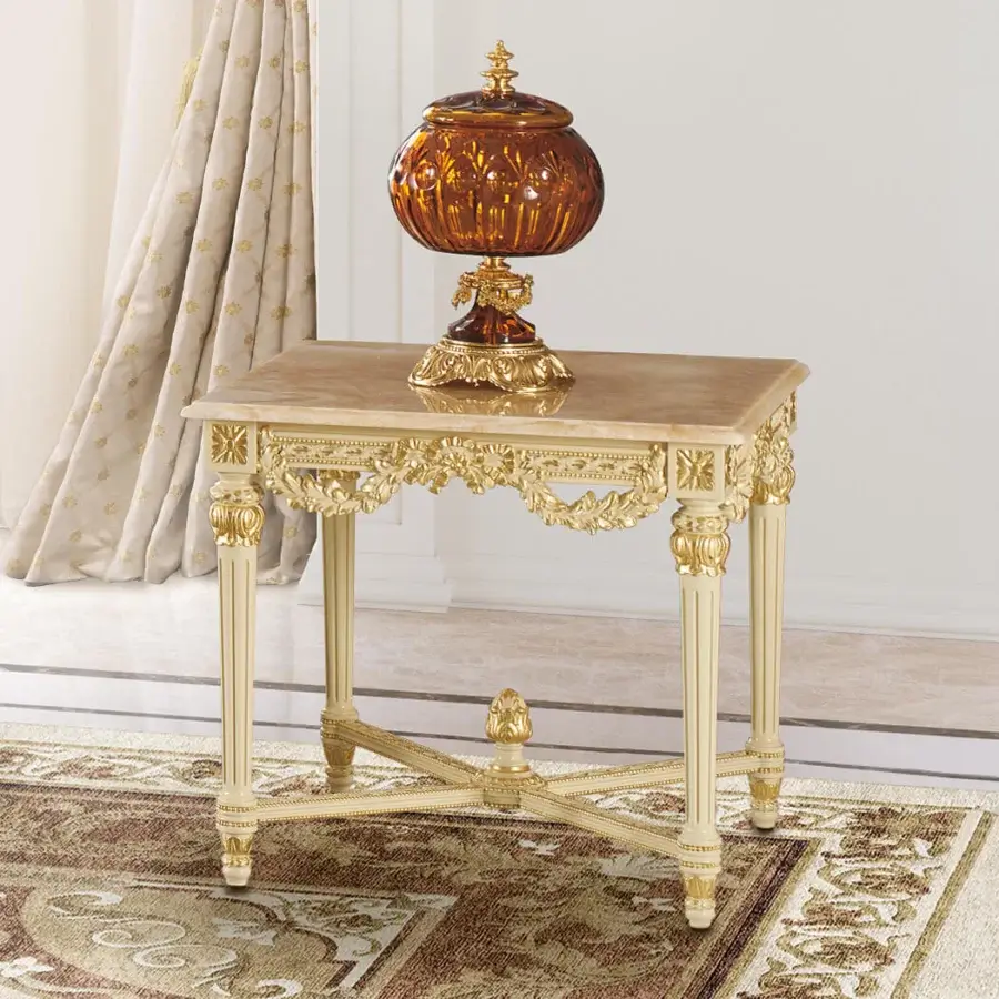 Lavish Modenese Imperial Majesty side table with Honey Onyx top and gilded intricately carved wooden legs in satin finish