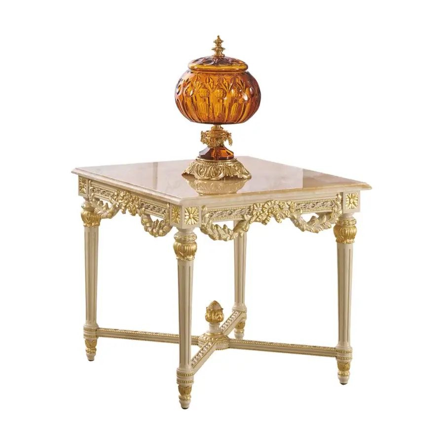 Exquisite Modenese Imperial Majesty side table with Honey Onyx top and cream-finished, intricately carved wooden legs