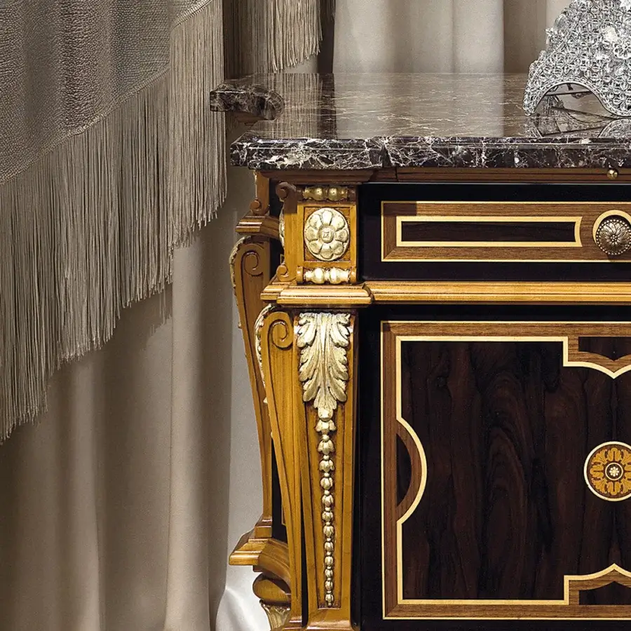 Lavish Provasi 1225-2 nightstand crafted with dark brown wood, golden accents and a prestigious marble top in glossy and satin finishes