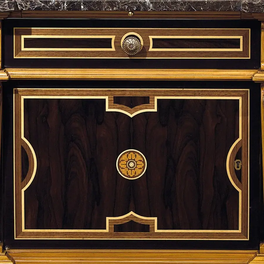 Distinguished Provasi 1225-2 nightstand built with dark glossy wood, satin framing and ornate floral inlays topped with marble