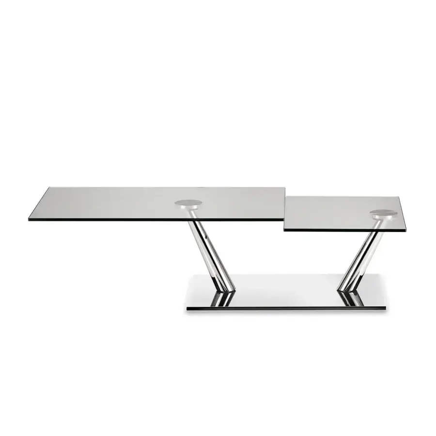 Elegant Naos Aqui coffee table with synchronized revolving glass tops and stratified glass base in polished silver-toned galvanised steel