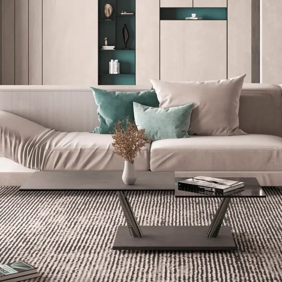 Superior Naos Aqui coffee table with synchronized revolving glass tops and stratified glass base in painted or galvanised steel