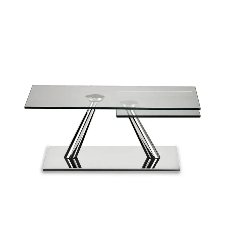 Distinguished Naos Aqui coffee table with synchronized revolving glass tops and stratified glass base crafted in painted steel