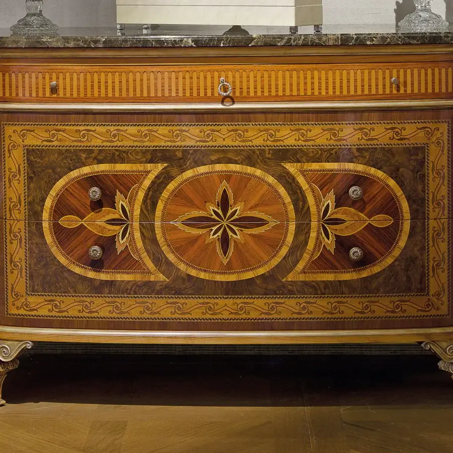 Distinguished Provasi 1305 dresser built with noble woods, ornate marquetry and a glossy finish with brass accents and marble top