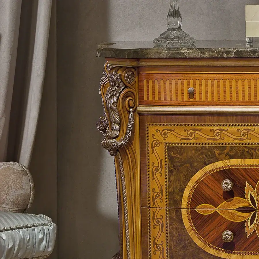 Exquisite Provasi 1305 dresser built with noble woods, brass details and a lustrous marble surface
