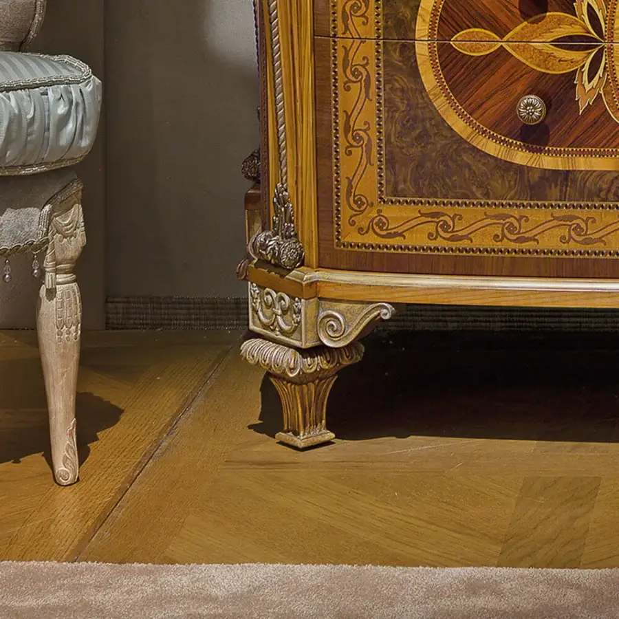 Distinguished Provasi 1305 dresser crafted with noble woods, floral marquetry and a prestigious marble surface with brass detailing