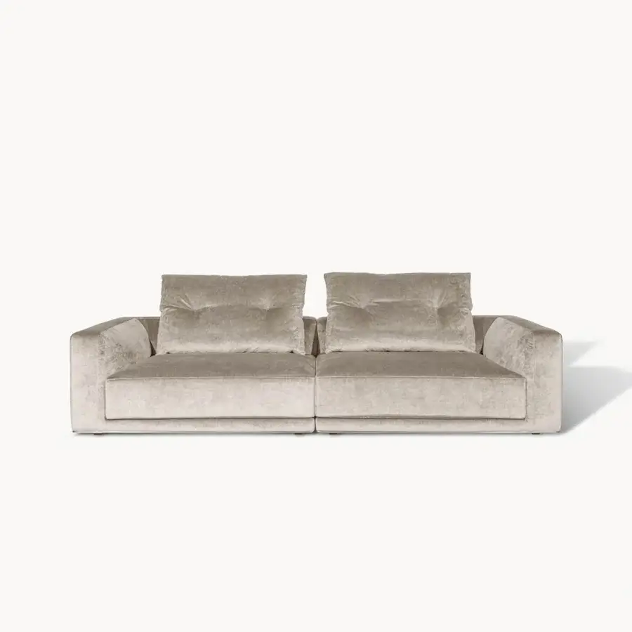 Distinguished Visionnaire Miller sofa upholstered in Vermeer fabric with quilted cannetté and a relaxed contemporary form in warm taupe