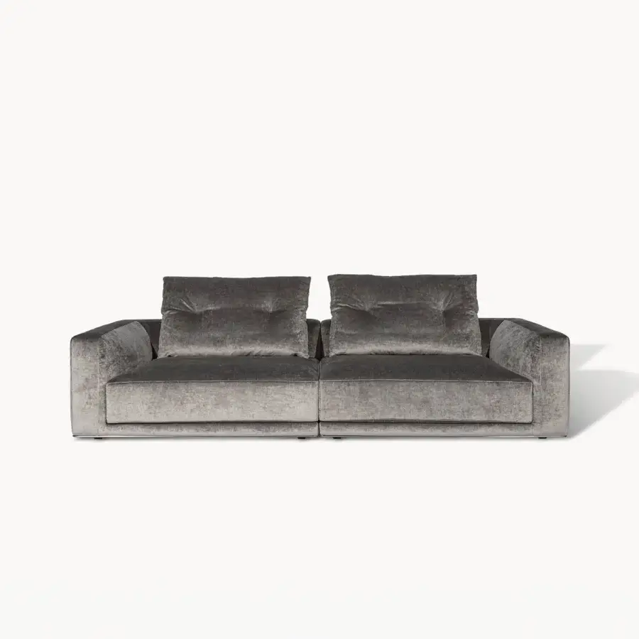 Exceptional Visionnaire Miller sofa upholstered in plush Gand fabric with quilted cannetté and muted gray finish