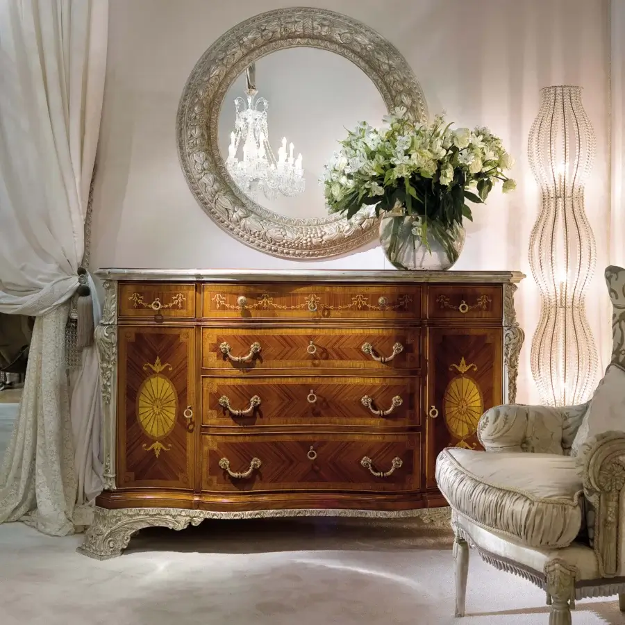 Distinguished Provasi 2925 dresser crafted in Palissander wood with glossy finish and ornate floral marquetry