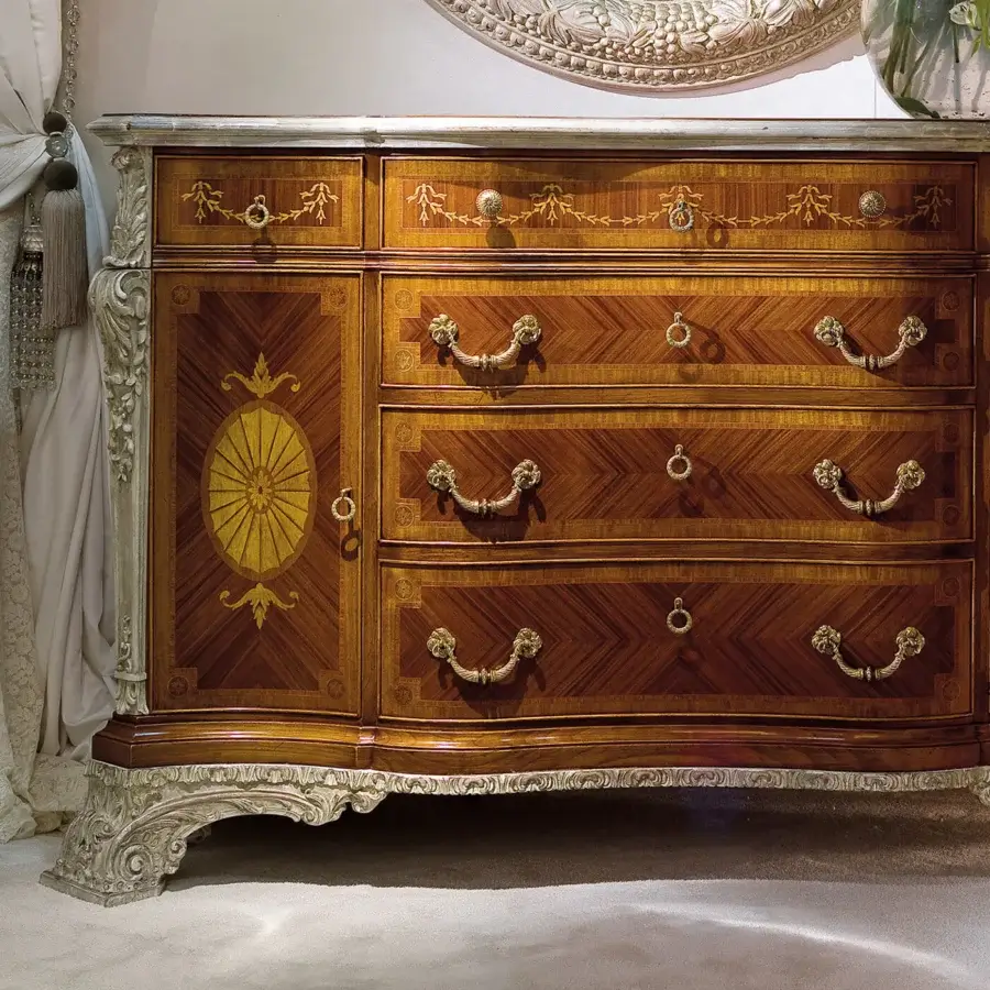 Luxury Provasi 2925 dresser crafted in Palissander wood with floral carvings and a glossy finish