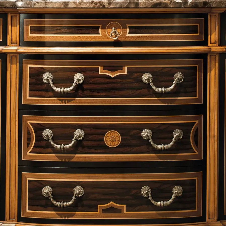Superior Provasi 1225 dresser built in noble woods with brass details and a satin finish marble surface