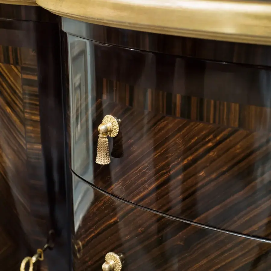 Superior Provasi 1405 dresser crafted in dark olive wood with golden hardware and lustrous marble