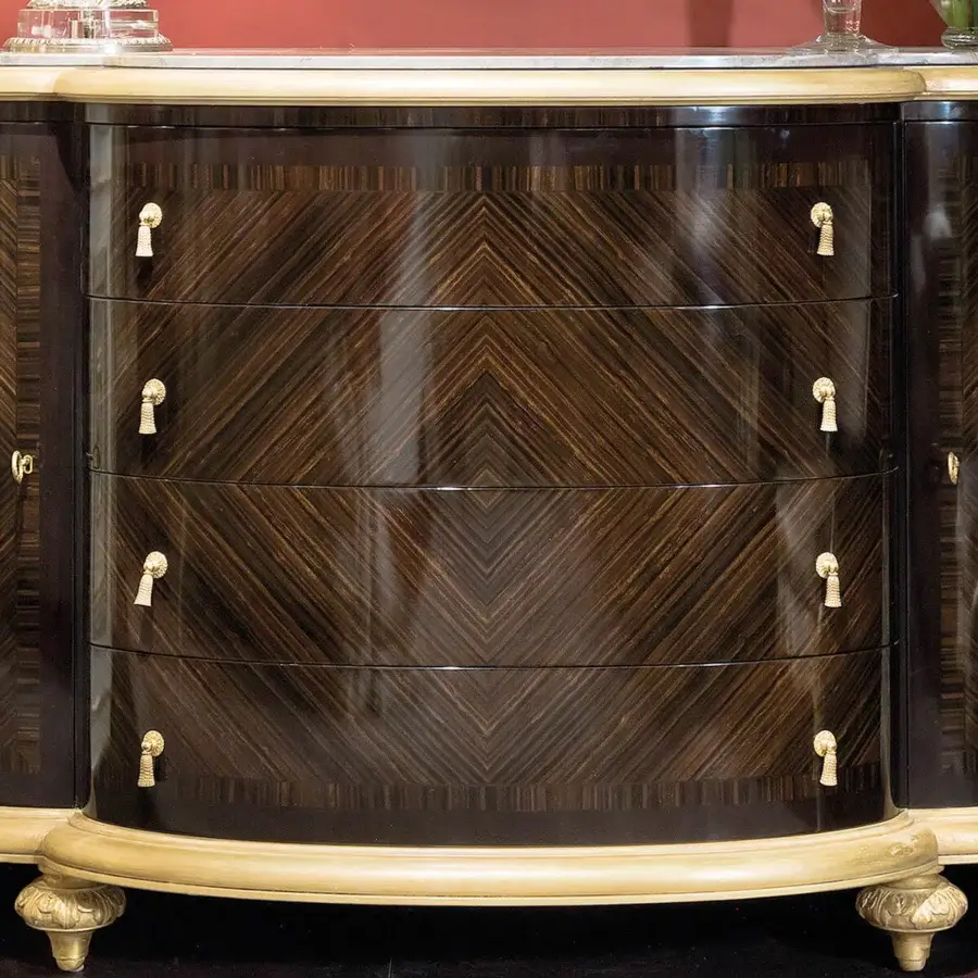 Lavish Provasi 1405 dresser crafted in dark olive wood with a glossy chevron pattern and marble surface