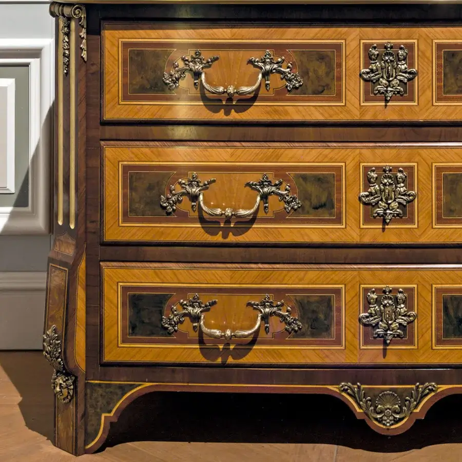 Distinguished Provasi 0686 dresser crafted in Myrtle burl wood with ornate floral motifs and satin finish