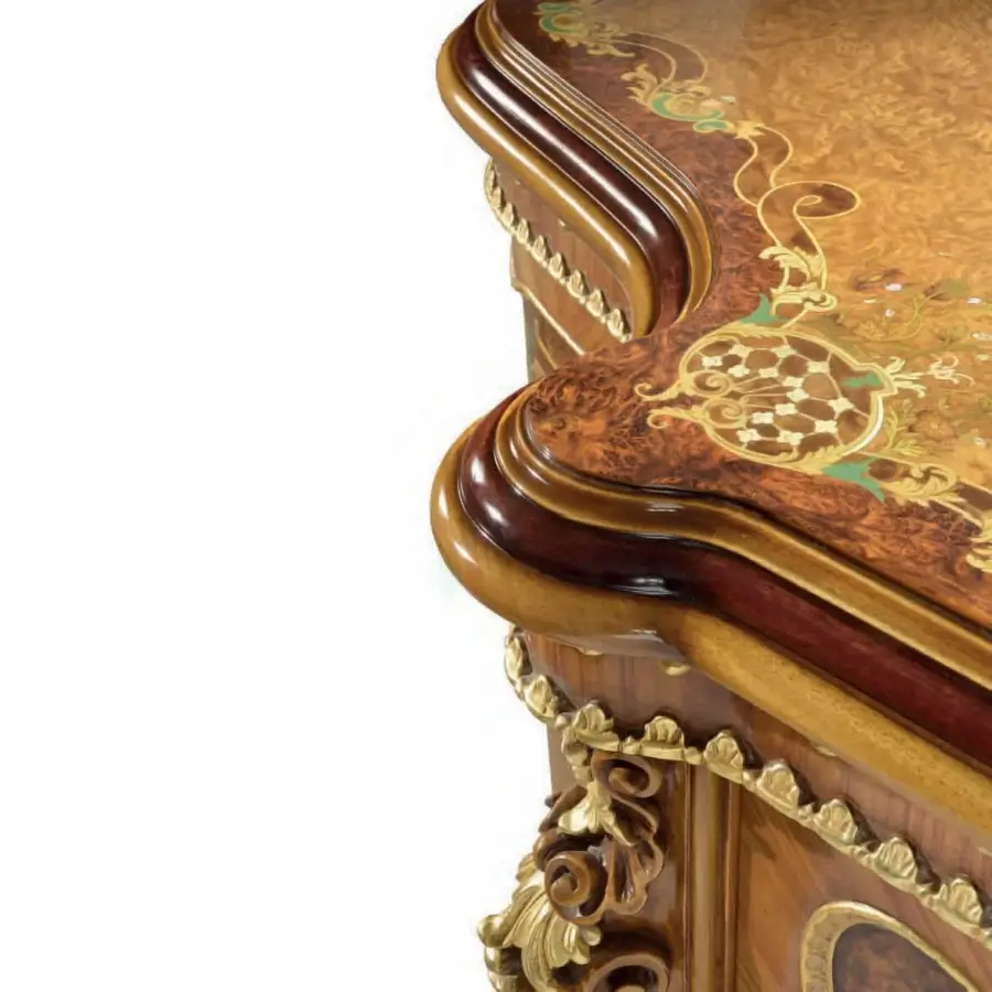Distinguished Armando Rho A1253 sideboard built with bois de rose, walnut burl, California burl, mother of pearl, brass, and scagliola with glossy reddish-brown finish