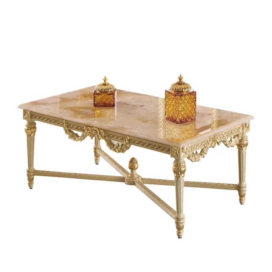 Distinguished Modenese Imperial Majesty coffee table crafted with Honey Onyx and a gold-leaf decorated wooden base