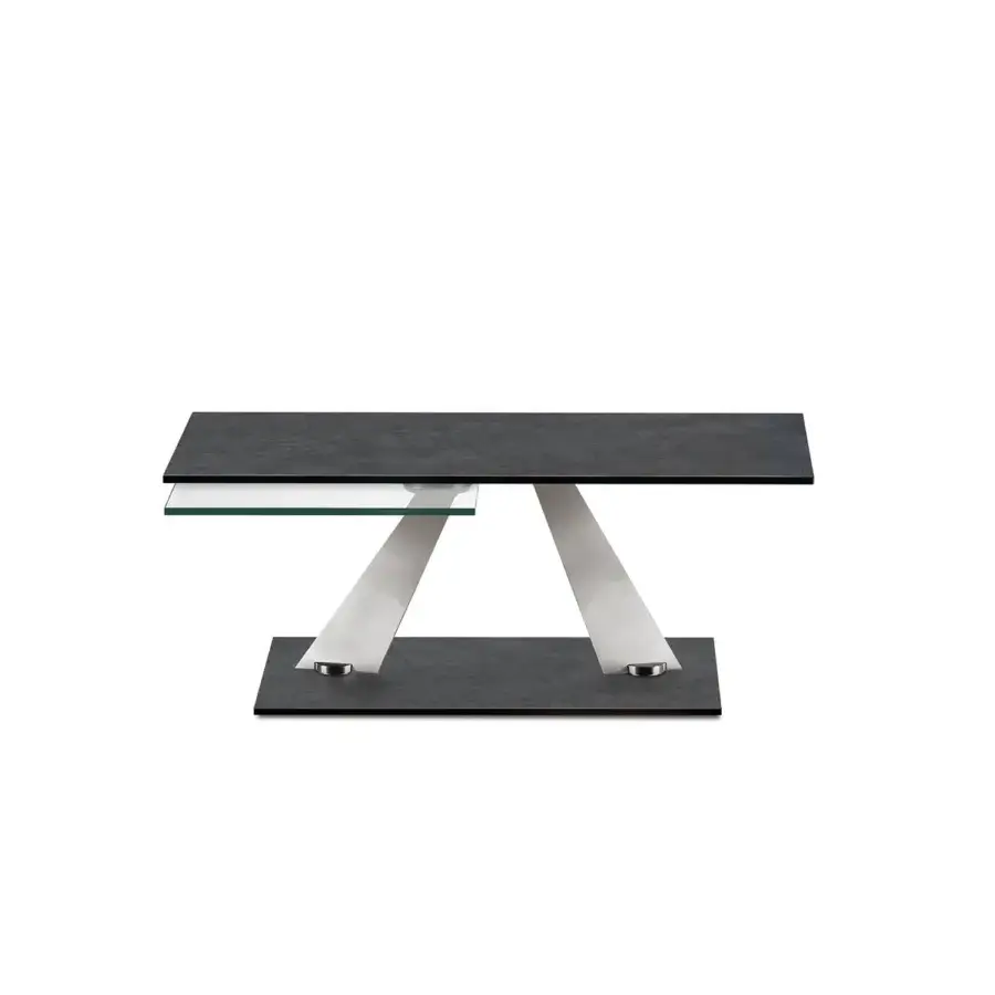 Superior Naos Aquilyps coffee table with synchronized revolving glass tops and a dark-toned matte galvanized steel base