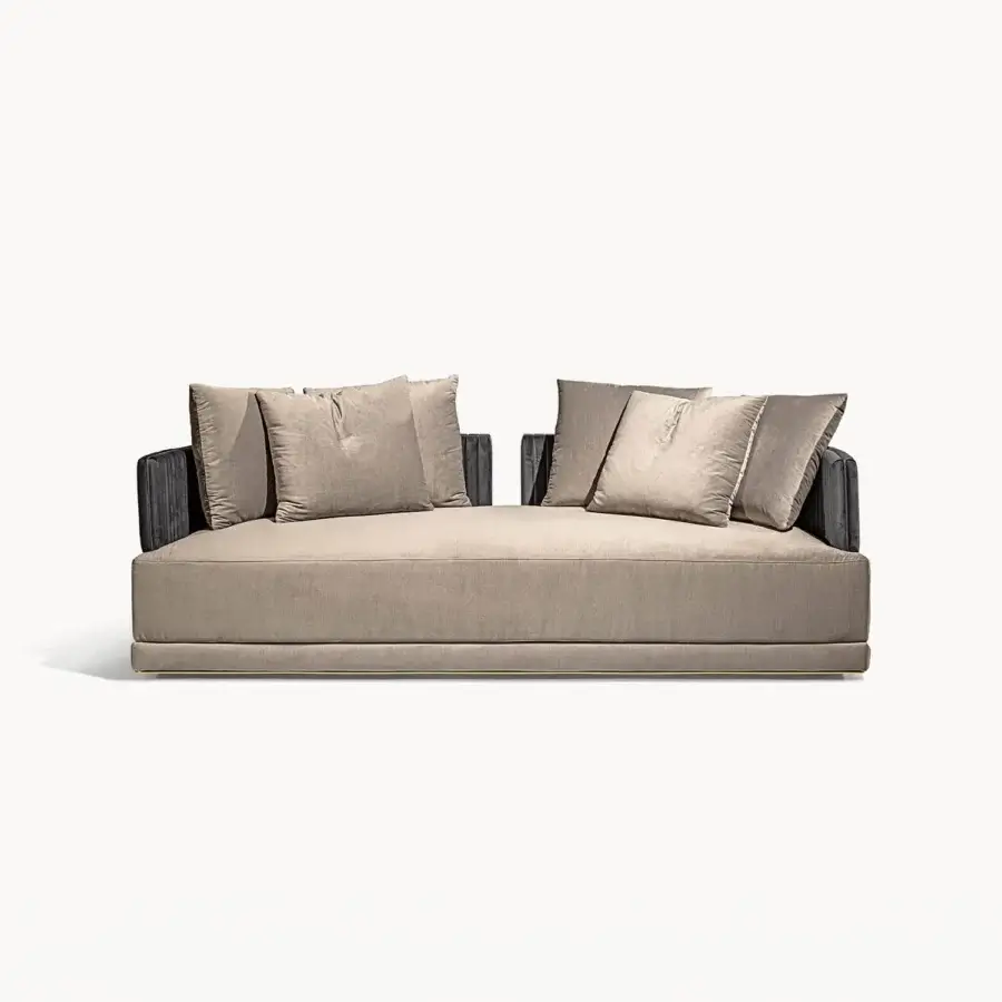 Superior Visionnaire Miller Unicum sofa with quilted neutral beige fabric and sleek satin black nickel aluminum base