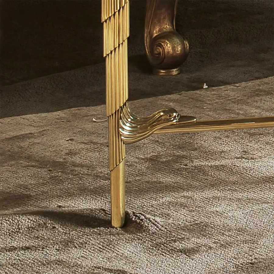 Architectural Provasi 1148 coffee table with a lustrous brass base and prestigious marble top in warm gold tones
