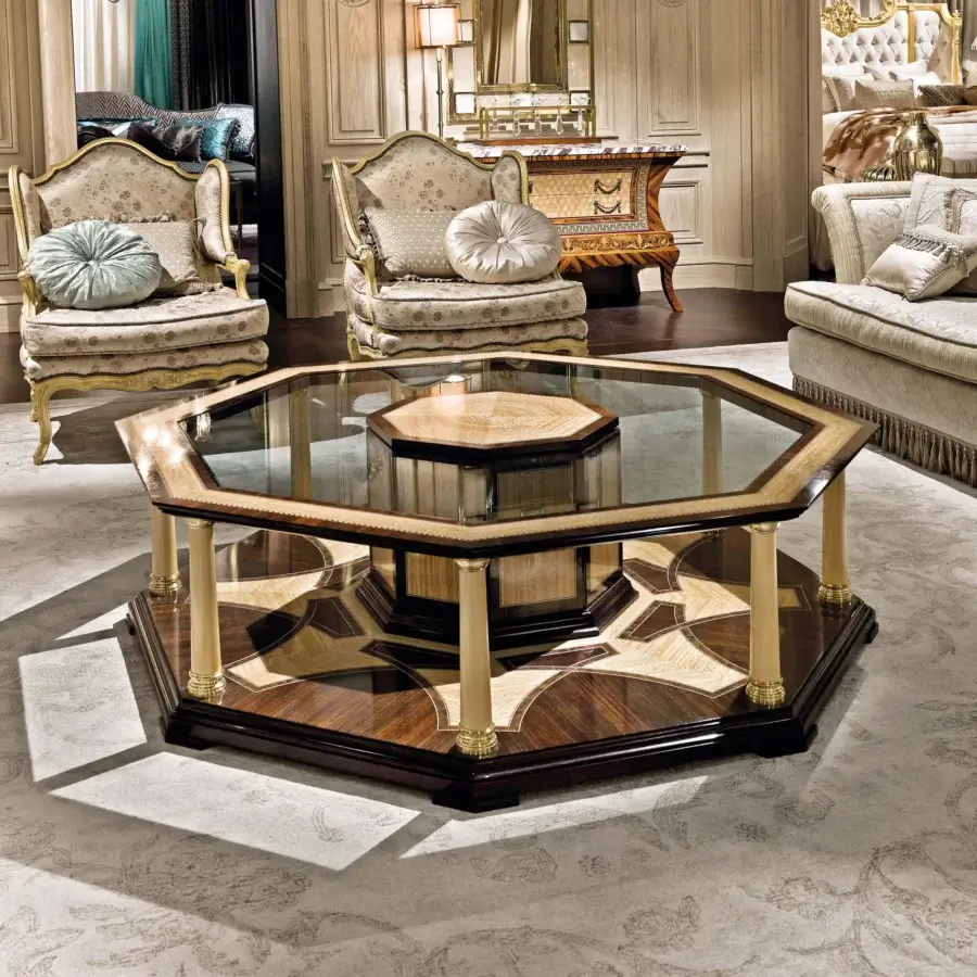 Exceptional Provasi 1608 coffee table with octagonal silhouette in Palissander and Eucalyptus wood with crystal top and glossy satin finish