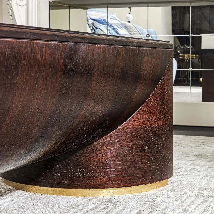 Distinguished Provasi 2518 coffee table crafted in reddish-brown oak with a gold-toned metal base and refined central inlay