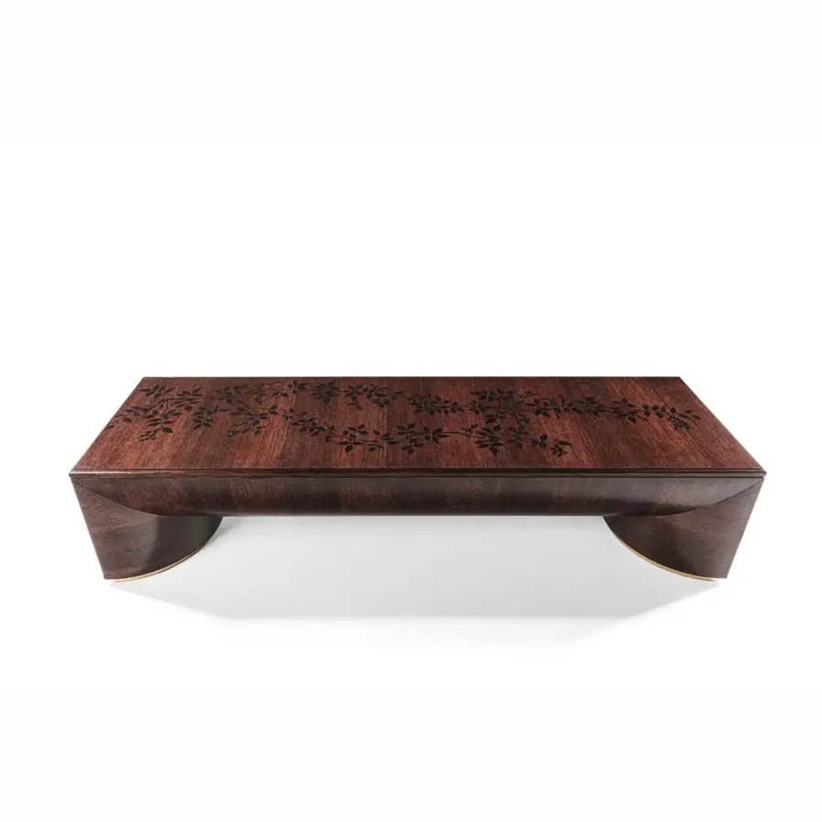 Lavish Provasi 2518 coffee table built in oak with a dark floral inlay and satin finish, supported by gracefully curved legs with gold feet
