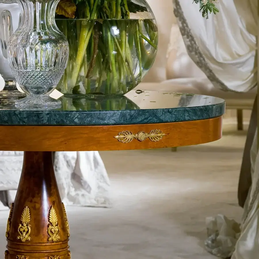 Distinguished Provasi 2938 Bistrot table crafted in cherrywood with dark green and gray marble, exhibiting an antique gold light patina