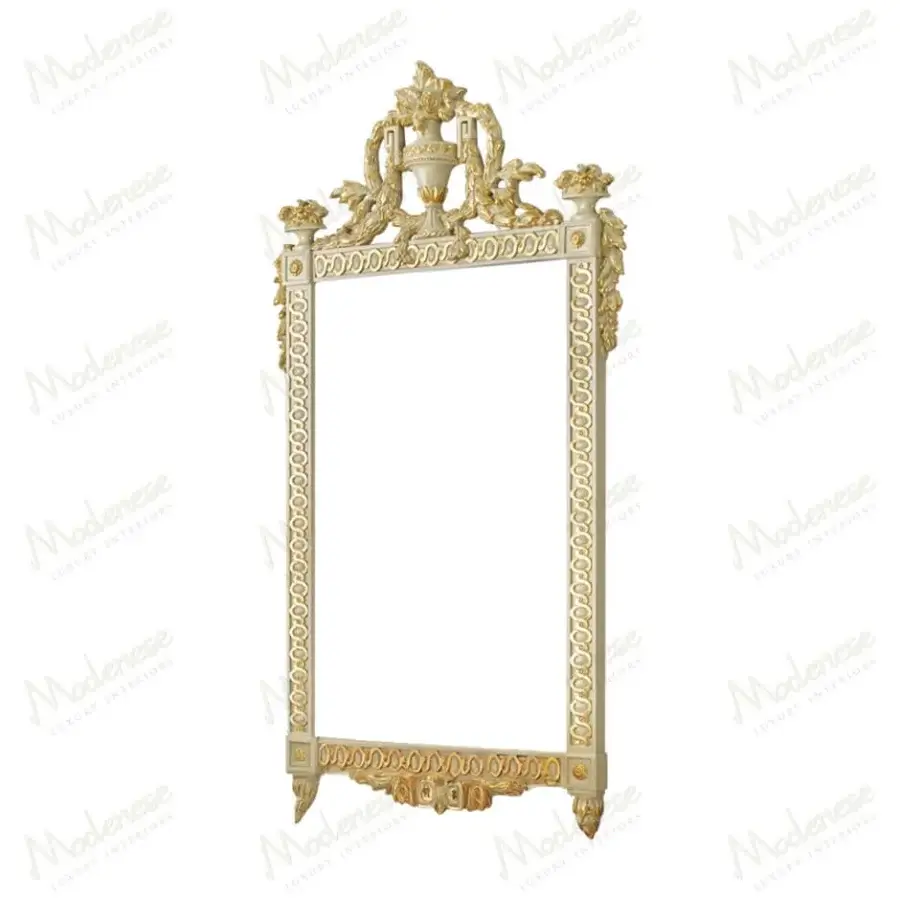 Lavish Modenese Imperial Majesty mirror handcrafted in wood with ornate gold detailing and glossy finish