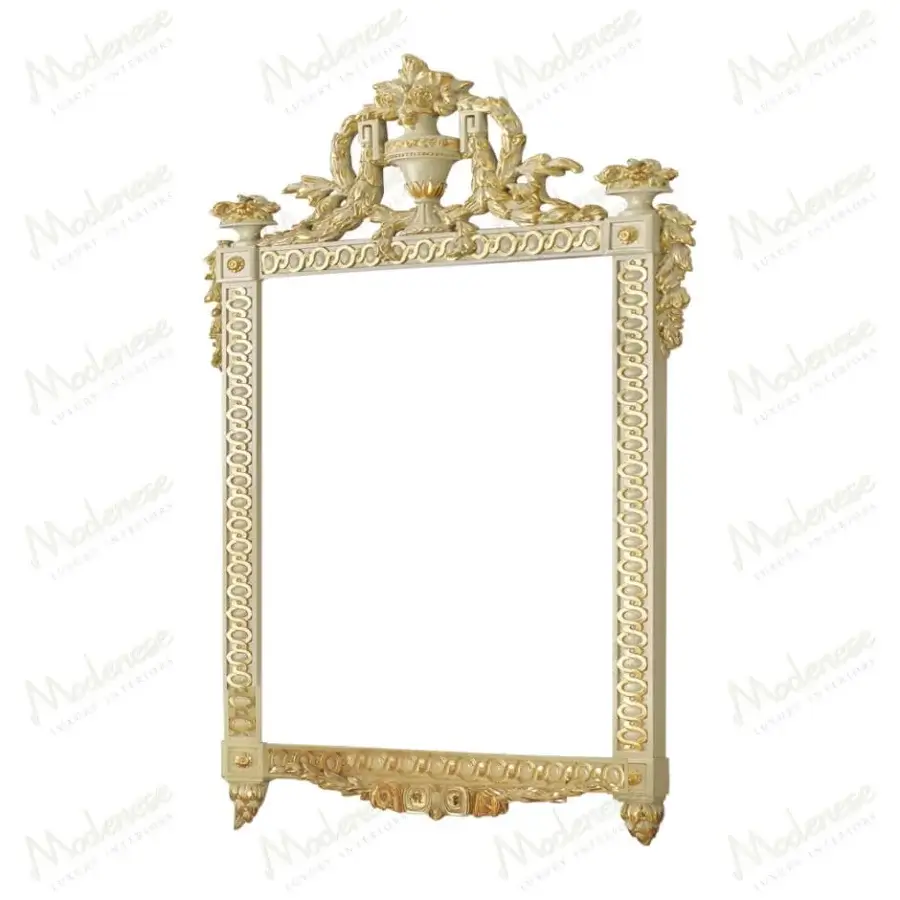 Exceptional Modenese Imperial Majesty mirror handcrafted in Italy with pale gold coating and sculpted floral motifs