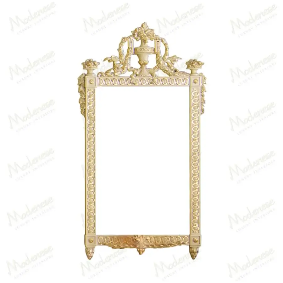 Distinguished Modenese Imperial Majesty mirror crafted in Italy with carved wood and brilliant gold tone finish