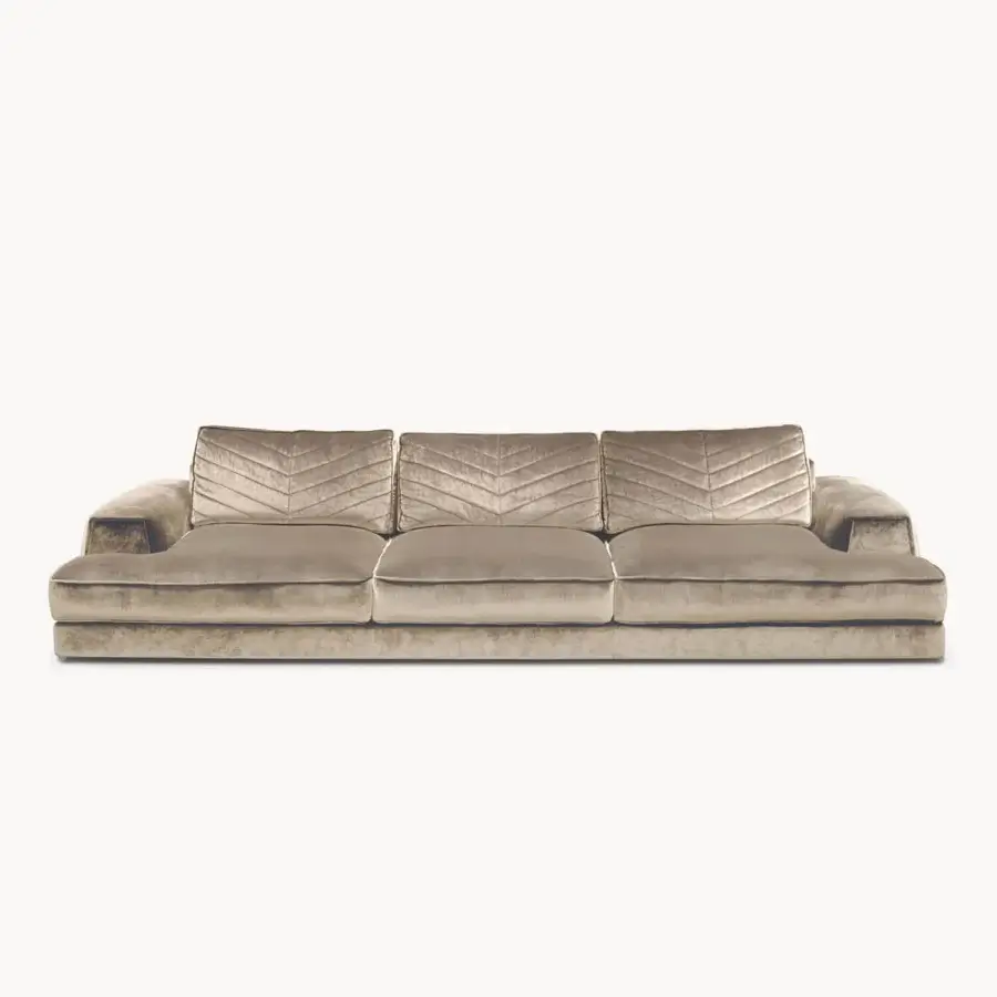 Distinctive Visionnaire Xavier sofa with warm gold-toned velvet upholstery and a textile-covered platform base crafted for exceptional comfort
