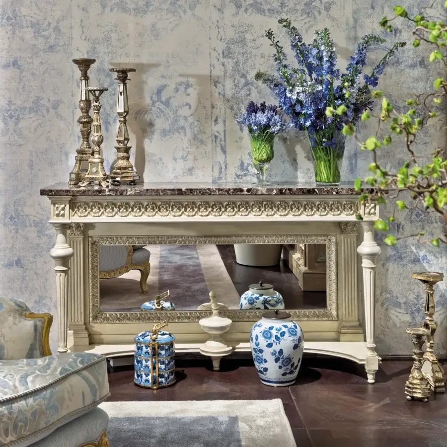 Exquisite Provasi 1302 console crafted in solid wood with glossy off-white and gold finish, adorned with dark marble and ornate carvings