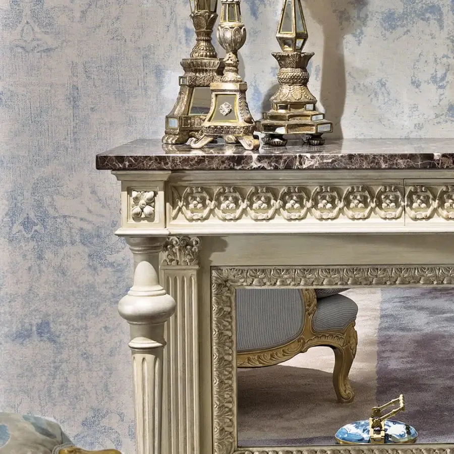 Superior Provasi 1302 console built in solid wood with lightly textured off-white and gold finish, topped with dark mottled marble