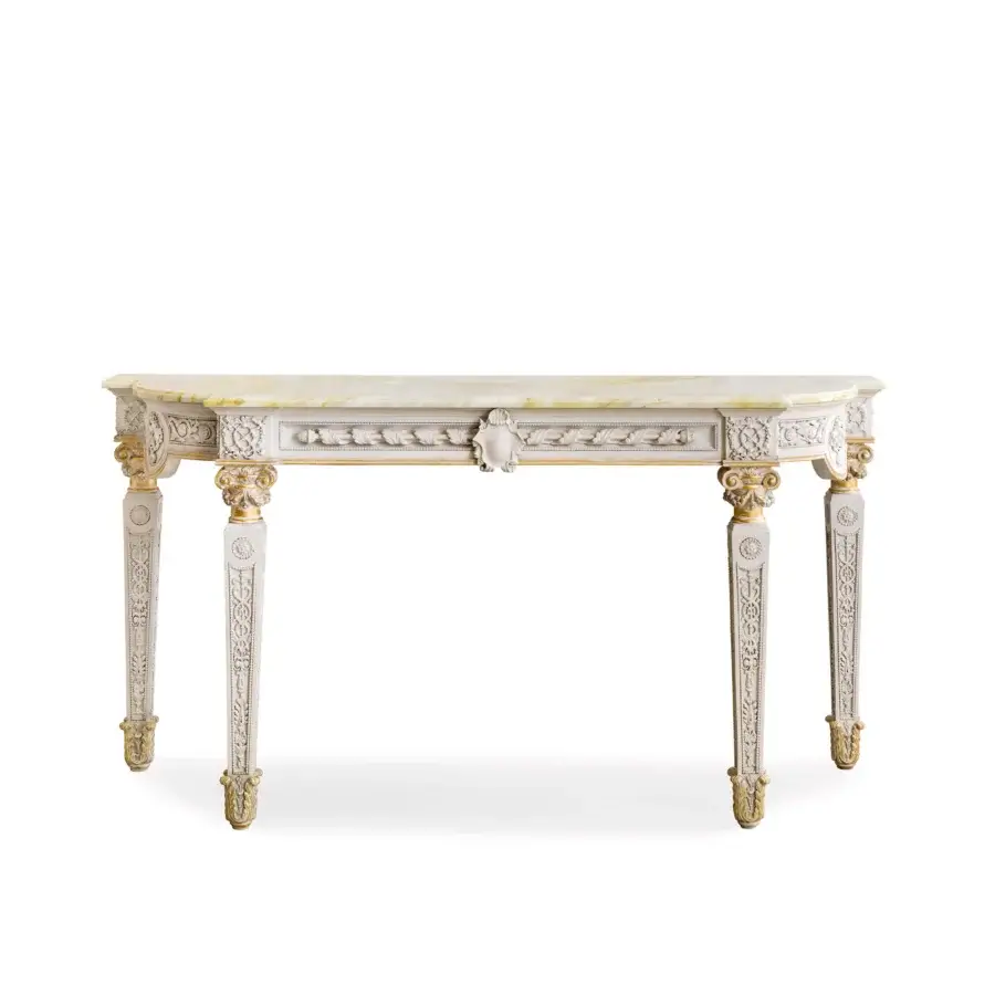 Distinguished Provasi 2002 console crafted in Italy with white and gold leaf finish, floral carvings, and grey veined marble surface