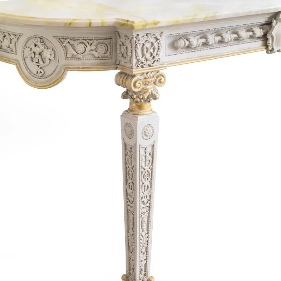 Superior Provasi 2002 console crafted in Italy with white and gold leaf, exhibiting hand-carvings and luminous marble